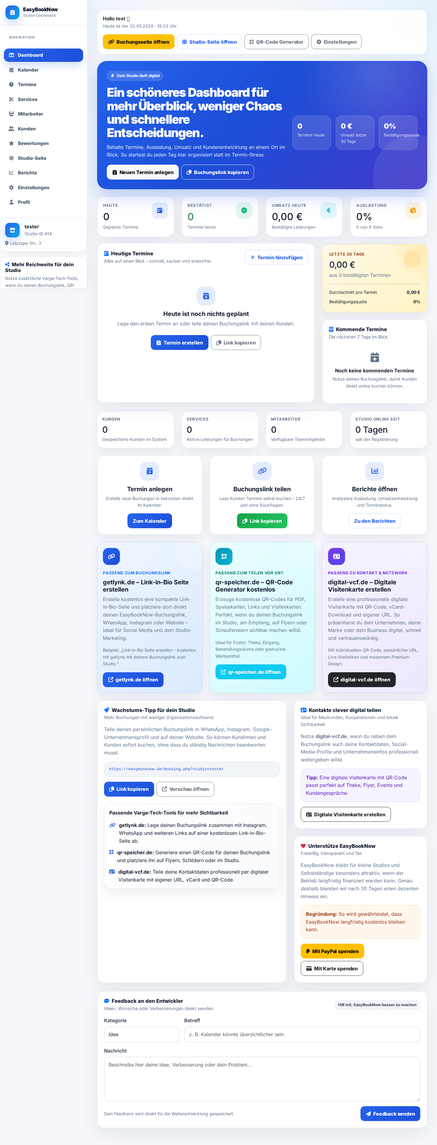 EasyBookNow Dashboard als Desktop Live-Screenshot